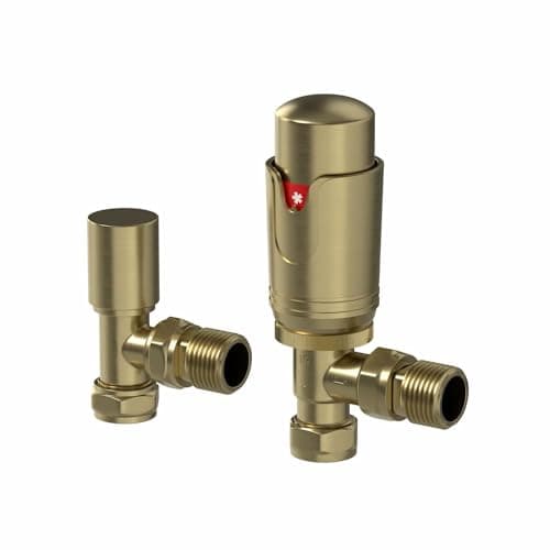 Image of DuraTherm® Thermostatic Radiator Valve Pack Set, 15mm Lockshield TRV & Thermostat, Brushed Brass Valves for Radiators, Angled