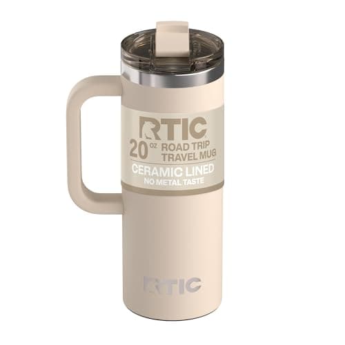 Image of RTIC 20oz Road Trip Travel Mug with Lid and Handle, Ceramic Lined, Insulated, Stainless Steel, Metal, Double Wall Vacuum-Insulation, Portable Coffee, Tea Cup for Hot and Cold Drink, Beach