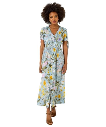 Image of Joe Browns Women's Botanicals Print and Pompom Trim Maxi Dress, Regular, Blue, UK 16 (Petite)