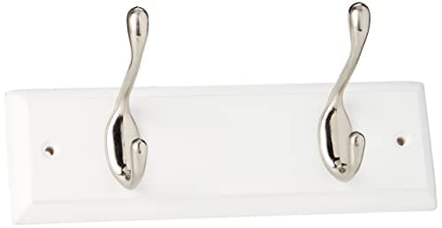 Image of Keypak 2 Hook White Wooden Wall Mounted Coat Rack with 2 Satin Nickel Coat Hooks - Heavy Duty Wooden Board for Coats, Hats, Bags, Tools Space Saving Wall Storage Organiser