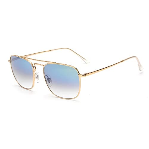 Image of Jim Halo Retro Square Pilot Sunglasses Premium Glass Lens Flat Metal Eyewear Men Women (Gold/Gradient Blue)