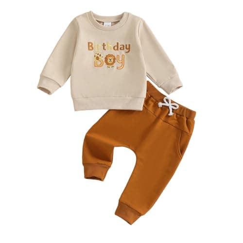 Image of Carolilly Baby Boys Birthday Outfits Long Sleeve Sweatshirts Tops Pullover Dinosaur/Animal/Planet Embroidery with Sweatpants Sets 2Pcs Toddler Boys Tracksuits Birthday Gift (Khaki, 12-18 Months)