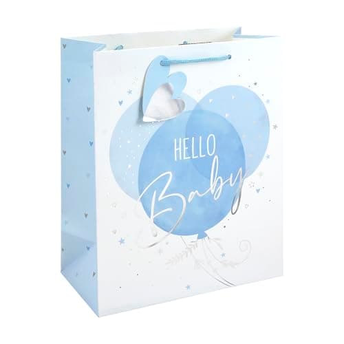 Image of Eurowrap Hello Baby Large Gift Bag – Blue Balloon Baby Boy Present Bag with Foil Finish, White Kraft Paper & Paper Woven Handles – New Baby Shower & Christening Gift Packaging
