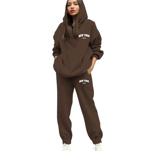 Image of Tracksuit Womens Full Set Uk With Pocket 2 Piece Hooded Sweatshirt And Sweatpants Plus Size Letter Print Lounge Wear Sweatsuits Baggy Hoodie And Cuffed Foot Jogger Set Ladies Gym Activewear Coffee