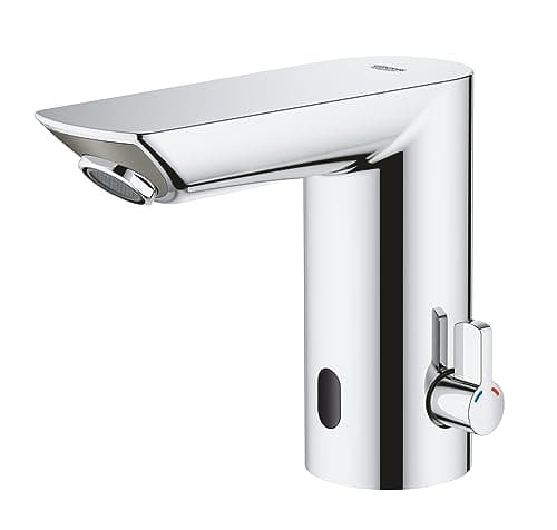 Image of GROHE Bau Cosmopolitan E - Infrared Sensor Touchless Basin Mixer Tap with Mixing Device (Water Saving Technology, Battery Powered, 7 Pre-Set Programs, Tails 3/8 Inch), Size 123 mm, Chrome, 36451000