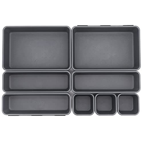 Image of JJoexyfit 8 Pack Desk Drawer Organisers, Interlocking Drawer Dividers with 3 Sizes, Versatile Storage Boxes Drawers Organizer for Kitchen, Office, Makeup, Bathroom (Black)