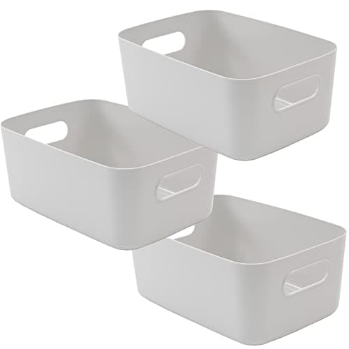 Image of SA Products Set of 3 Storage Box - Grey Storage Boxes With Handle - Stackable & Minimalist Rectangular Plastic Storage Baskets - Stylish Cupboard Organiser For Kitchen, Home, Office and Bathroom