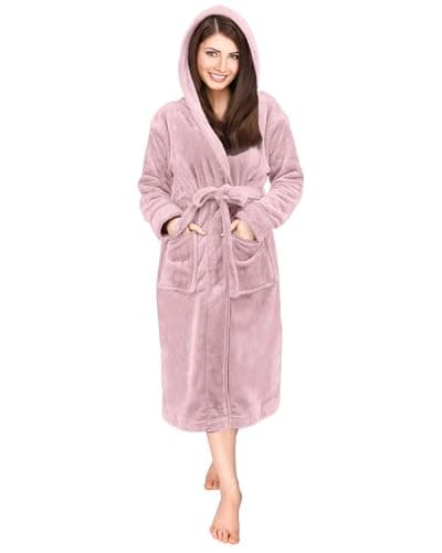 Image of NY Threads Luxury Ladies Hooded Dressing Gown Super Soft Fleece Women's Robe Comfortable Loungewear and Nightwear, Light Pink, Large