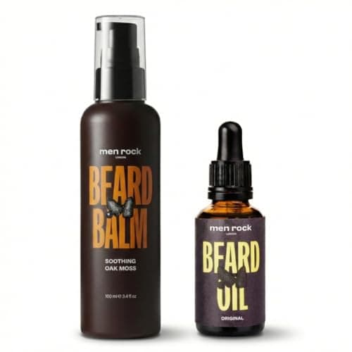 Image of Men Rock Beard Oil and Balm Set for Men – Soothing Oak Moss Beard Balm & Rosemary Beard Oil with Vitamin E, Grapeseed & Cedarwood, Beard Balm and Oil Kit, 100 ml + 30 ml