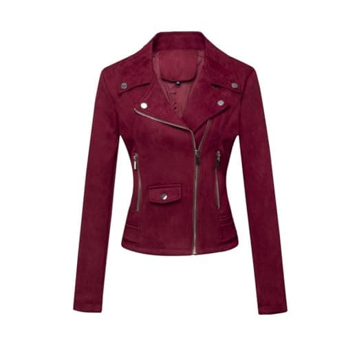 Image of ANUFER Women's Faux Suede Leather Biker Jacket Cool Cross Zipper Short Coat SD5A1212 Burgundy L