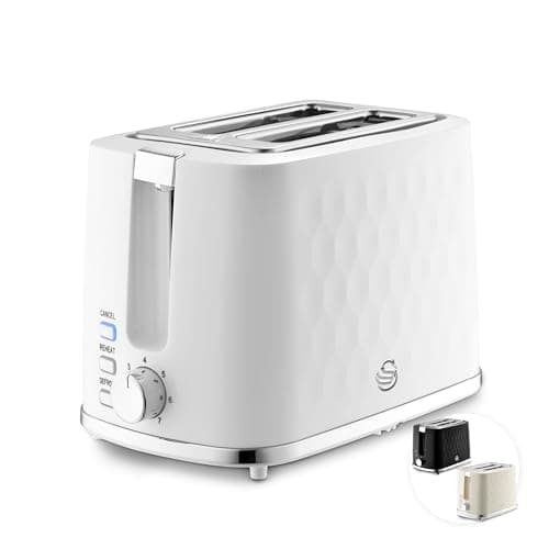 Image of Swan Hexton Variable Width 2 Slice Toaster, 7 Browning Levels, Cancel/Reheat/Defrost, Removable Crumb Tray, Cord Storage, 900W, White with Chrome Accents, ST19037WHT