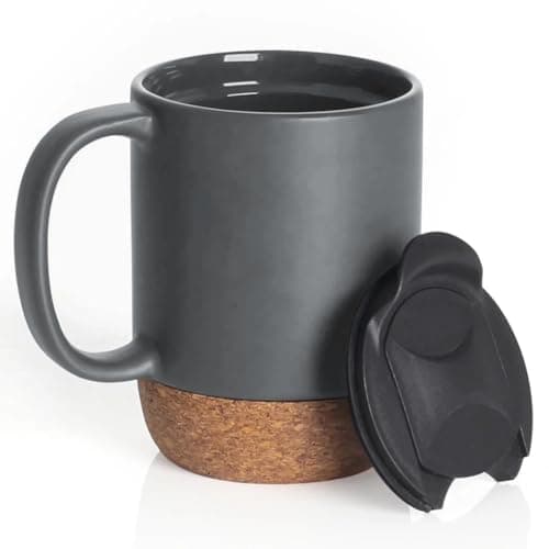 Image of Reusable Ceramic Travel Mug with Handle and Lockable Lid & Heat Proof Cork Base - Spill Proof, Refrigerator Safe, Heat Resistant Coffee Mug - Dark Grey