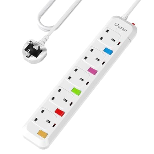 Image of Mscien 1M Extension Lead 5 Way Independent Switch, Surge Protected Extension Lead, UK Power Strip Wall Mountable with 1 Metre Extension Cord, 5 Gang Multi Plug Extension Sockets