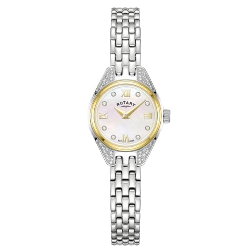 Image of Rotary Ladies Cocktail Mother of Pearl Stone Set Dial Gold Plated Bezel Stainless Steel Bracelet Watch