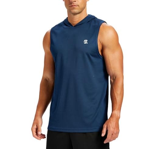 Image of Men's Gym Hooded Tank Top Mesh Muscle Vest Bodybuilding Sleeveless Hoodie Workout Training Stringer Quick Dry Fitness Apparel for Weightlifting Running High Breathability Athletic Gear Navy Blue XL