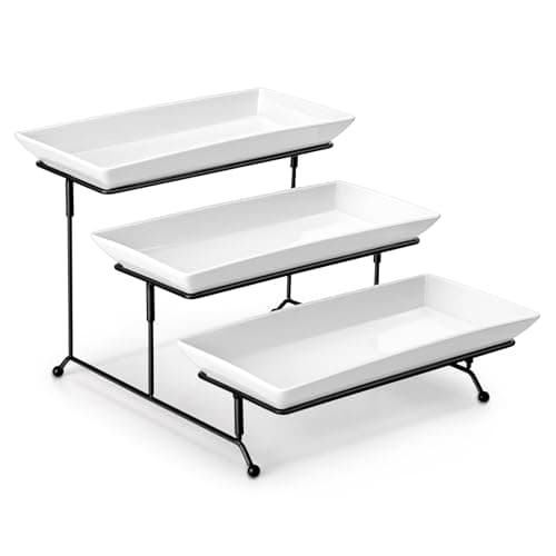 Image of MALACASA 3 Tier Serving Platter, 12 Inch Porcelain Cake Stand with Black Mental Display Stand for Party Supplies, Ceramics Rectangular Serving Dishes for Dessert, Fruit, Cookies, Sushi, White