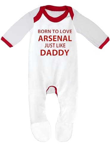 Image of Cheekytots Baby Sleepsuit – Born To Love Arsenal Just Like Daddy – 100% Cotton Baby Romper (3-6 Months, White/Red Trim)
