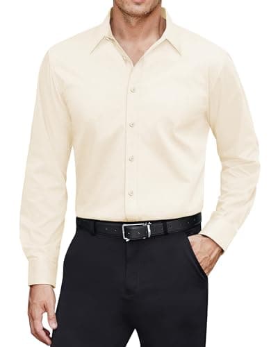 Image of J.VER Work Shirts for Men Formal Stain Shield Stretch Non Iron Business Casual Regular Fit Fashion Office Party Meet Dat Plain Dress Shirt Beige L