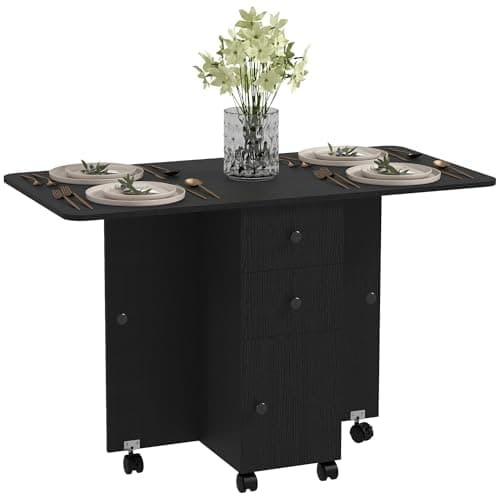Image of HOMCOM 60-120 cm Folding Dining Table for 4-6, Rolling Drop Leaf Table on Wheels with Storage Drawers, Cabinet and Open Shelf for Small Spaces, Kitchen, Dining Room, Flat, Distressed Black
