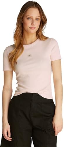 Image of Calvin Klein Women’s Short Sleeve Woven Label Slim Fit Rib T-Shirt, Pink (Silver Peony), XXL