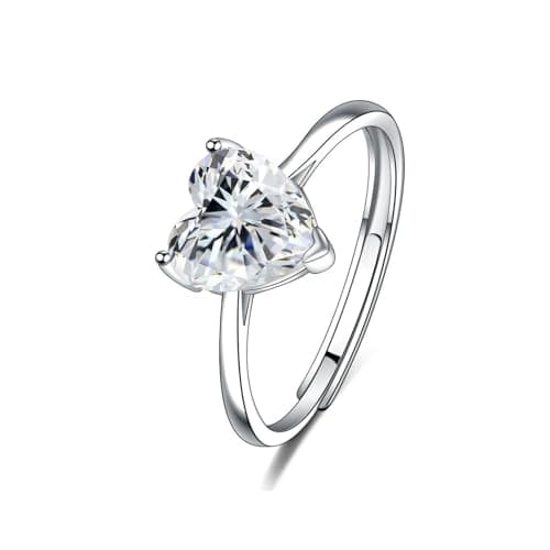 Image of CERSLIMO Silver Heart Rings for Women Girls - Adjustable Size, 14K White Gold Plated Cubic Zirconia Rings for Ladies, Small Clear White Crystal Jewellery Set Wedding Gifts Birthday Christmas