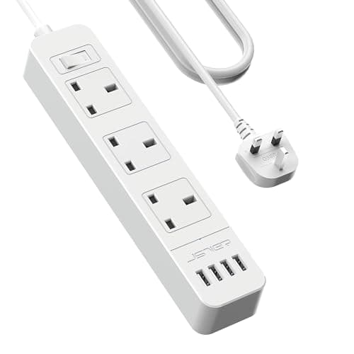 Image of JSVER Extension Lead USB,Power Socket with 3 Outlet 4 USB Charging Station Power Strip 3250W 13A with 3M Power Lead for home and office-White