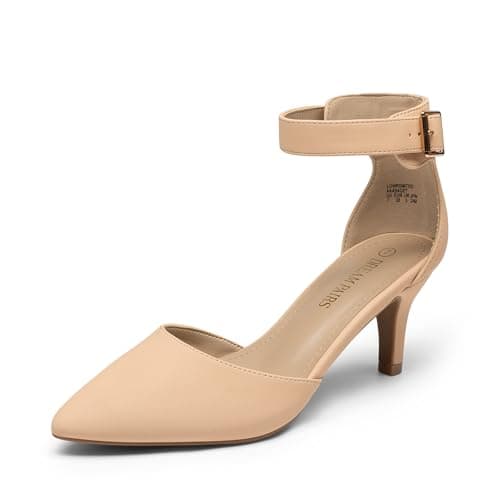 Image of DREAM PAIRS Womens Court Shoes Pointed Toe Low Kitten Heel Ladies Pumps Ankle Strap Dress Sandals,Size 5,Nude/Nubuck,LOWPOINTED