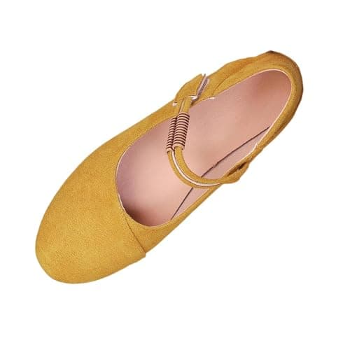 Image of Womens Flat Pumps Dolly Dollie Ballet Ballerina Ladies Work Smart Office Back to School Formal Comfort Round Toe Slip On Flats Shoes with Buckle Strap Wide Fit Yellow
