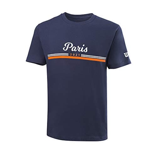 Image of Wilson Men's T-Shirt, Paris 2021 TECH T-Shirt, Polyester/Cotton, Blue (Maritime) / White/Orange, Size XXL, WRA800302XX