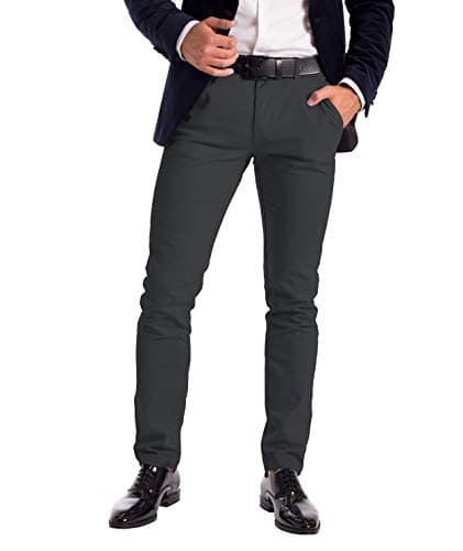 Image of Mens Stretch Chino Trousers Designer Slim Fit Jeans Pant Cotton Spandex Bottom (Dark Grey, 30 Waist x 32 Length)