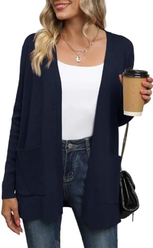 Image of Yommay Cardigan for Women Loose Casual Lightweight Ladies Long Sleeve V-Neck Knitted Sweaters with Pockets,Navy Blue,Large