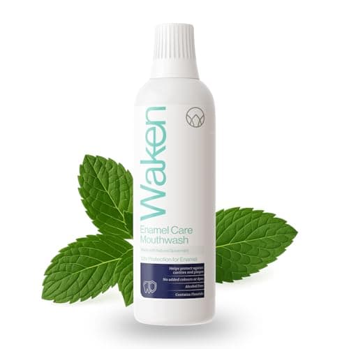 Image of Waken Enamel Care Mouthwash, Alcohol Free with Natural Mint Extracts, 12hr Protection, Vegan, Fluoride Mouthwash for Enamel, Clean Teeth, Fresh Breath & Oral Care, No Artificial Colours or Dyes, 500ml