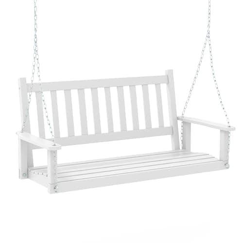 Image of COSTWAY 2/3-Seater Garden Swing Chair, Poplar Wood Swing Bench Loveseat with Adjustable Hanging Chains, Outdoor Hanging Swing Seat Hammock for Patio Garden Yard Tree (White, 136 x 66 x 63cm)