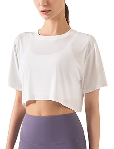 Image of Hanyomo Women's Fitness Workout Crop Tops Short Sleeve Yoga T-Shirts Athletic Running Sports Shirts White M