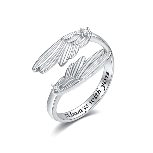 Image of DAYLINLOVE Feather Angel Wings Ring S925 Sterling Silver Adjustable Wings Wrap Open Thumb Rings for Women Mom Wife