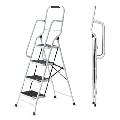 Image of Easylife Safety Folding Step Ladder, 4 Step Ladder, Strong, Non-Slip Rubber Steps With Rail Support And Grip Tight Ridges, 96x159cm - Safety Step Ladders By Easylife Lifestyle Solutions