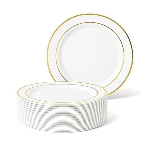 Image of MATANA 25 Premium White Plastic Dessert Plates with Gold Rim (19cm / 7 Inch) – Elegant & Reusable Side Plates for Weddings, Birthdays, Picnic, BBQ, Parties & Events