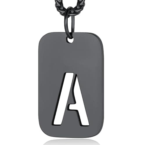 Image of ChainsPro Dog Tag Necklace Black Letter Necklace Initial A Pendant Jewellery Gifts for Men Christmas Birthday Thanksgiving Day