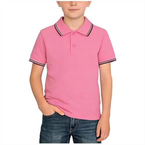 Image of Pink Boys Girls Polos T Shirts Kids Striped Print Tshirts Summer Short Sleeve Button Up Tee Tops School Uniform Outdoor Gym Sportwear for Unisex Childs Age 2-15 Years 7-8 Years