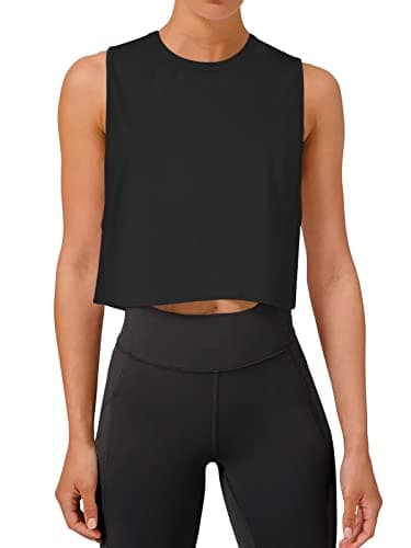 Image of REORIA Women Crop Tops Workout Tops Loose Sleeveless Cropped Muscle Tank Open Back Shirts Black S