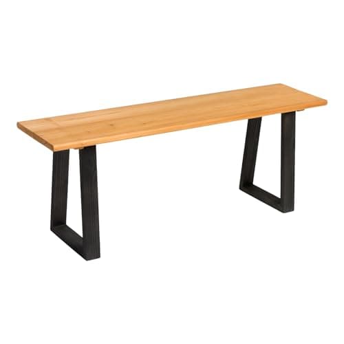 Image of OHS Garden Bench 3 Seater Rustic Wooden Seater Backless Outdoor Patio Furniture Garden Seat for Balcony Terrace All Weather Resistant Comfy Wooden Bench with Black Legs for Indoor Outdoor, Natural