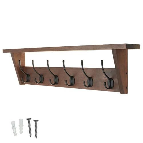 Image of keypak Victorian Oak Coat Rack Shelf Combo 6 Black Hooks - 80cm Coat Rack Rustic Wall Mounted Coat Rack Shelf for Hallway, Bedroom, Kitchen, Bathroom