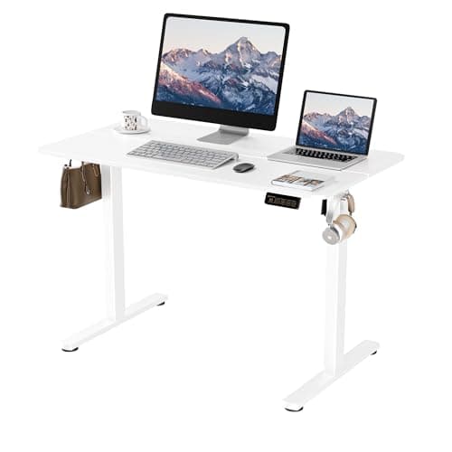 Image of ERGOMAKER Electric Height Adjustable Standing Desk 110x60cm (43.3"x23.6"), Sit Stand Desk with Splicing Top for Home Office (White Frame + White Desktop)