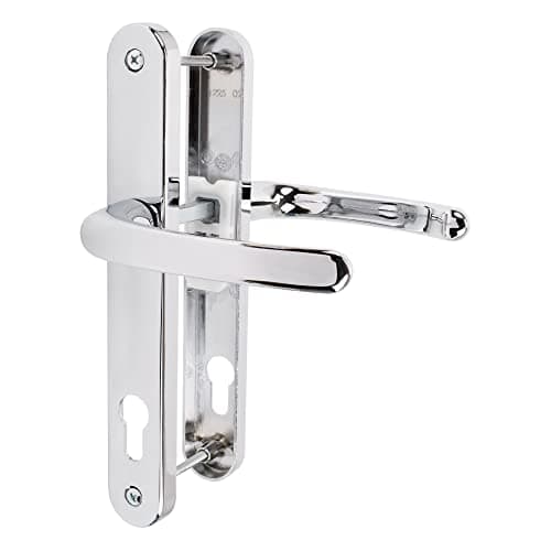 Image of JCP PRO uPVC Door Handle Pair Set Sprung 92 PZ 92mm, Backplate 242mm x 34mm (210mm Screw Centres, Polished Chrome)