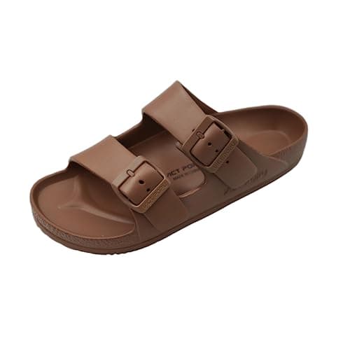 Image of VICT POPU Womens Sandals Open Toe Adjustable Double Buckle Strap Waterproof EVA Footbed Arch Support Mules Slides Brown UK 7