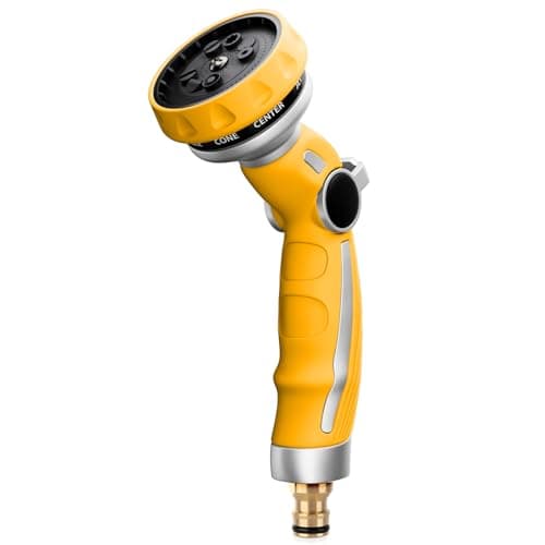 Image of RESTMO Garden Hose Pipe Spray Gun, Metal Jet Nozzle Sprayer Heavy Duty with 9 Patterns, High Pressure Water Sprayer with Thumb Flow Control, Ideal for Lawn & Plant Watering, Car & Pet Washing, Yellow