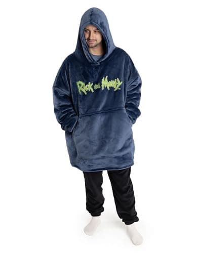 Image of RICK AND MORTY Mens Blue Blanket Hoodie | Classic Character Design in Cosy Fleece | Ideal Loungewear for Relaxation & Warmth | Long Sleeve Hooded Comfort Merch