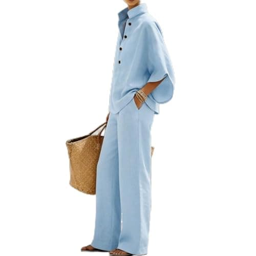 Image of Jhebecneks 2 Piece Outfits Women Cotton Linen Sleeveless Crop Tops Wide Leg Trousers Co Ord Sets Summer Loungewear Airport Outfit Linen Sets for Women Solid Casual Loose Tracksuit Daily Wear