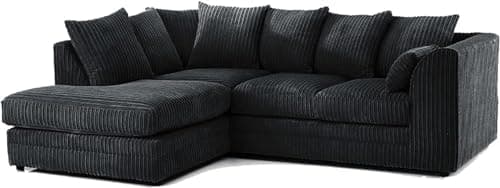 Image of SofaSelection Spacious Jumbo Cord Left Hand Corner Sofa, Soft Cord Fabric L-Shaped Couch with Deep-Filled Scatter Back Cushions, 4-5 Seater Family Living Room Suite (Black)