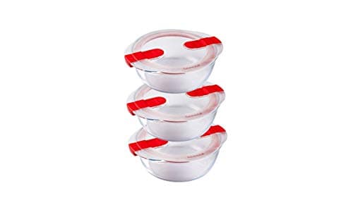 Image of Pyrex Cook & Heat - Set of 3 identical round tins - 1L - Borosilicate glass - LunchBox - Airtight lid - Made in France